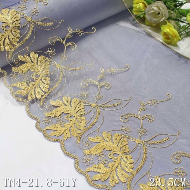 2022 Luxury Gold Metallic Yarn Embroidery Lace Trim Trimming Fabric Embroidery Gold Mesh Lace Trims