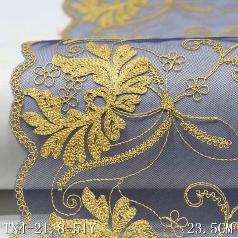 2022 Luxury Gold Metallic Yarn Embroidery Lace Trim Trimming Fabric Embroidery Gold Mesh Lace Trims