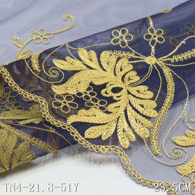 2022 Luxury Gold Metallic Yarn Embroidery Lace Trim Trimming Fabric Embroidery Gold Mesh Lace Trims