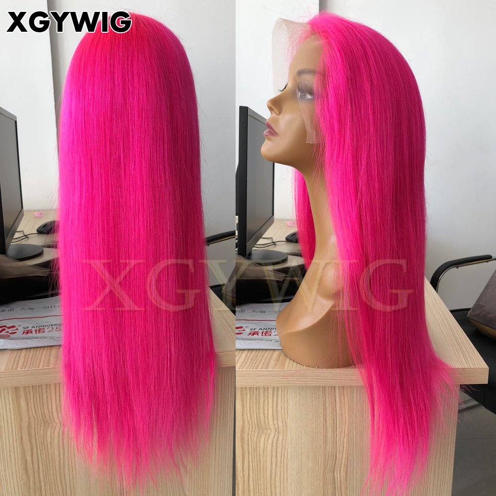 Stock 10"-30" virgin human hair pre-plucked natural hairline silky straight glueless Rose Red Colored Lace Front Wigs