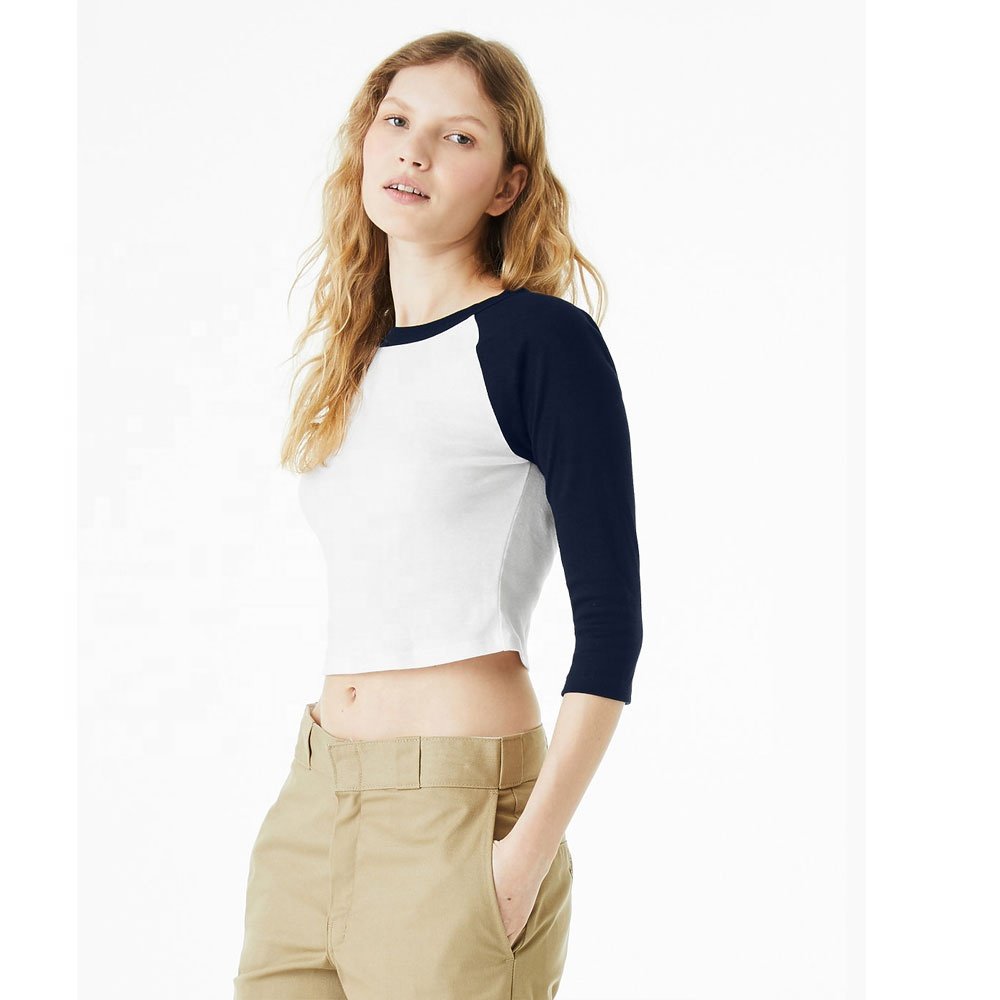 White/Navy 1200 WOMEN'S MICRO RIB 3/4 RAGLAN BABY TEE Bella Canvas 52% cotton, 48% polyester Breathable baby tee