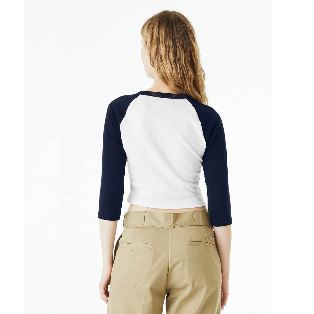 White/Navy 1200 WOMEN'S MICRO RIB 3/4 RAGLAN BABY TEE Bella Canvas 52% cotton, 48% polyester Breathable baby tee