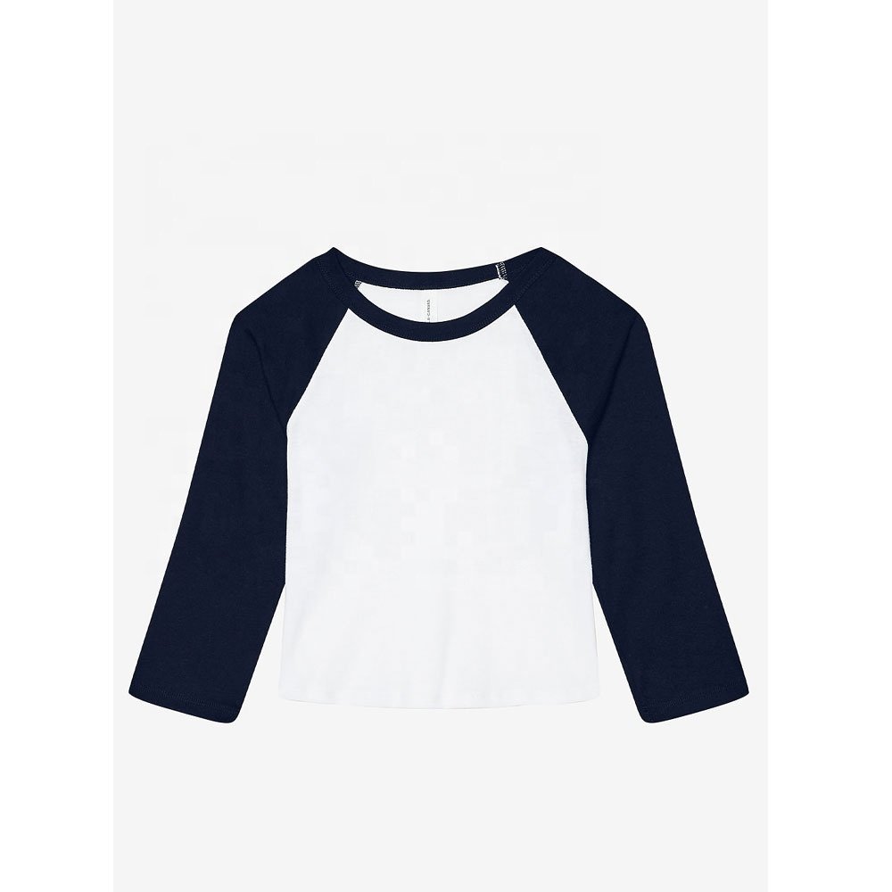 White/Navy 1200 WOMEN'S MICRO RIB 3/4 RAGLAN BABY TEE Bella Canvas 52% cotton, 48% polyester Breathable baby tee
