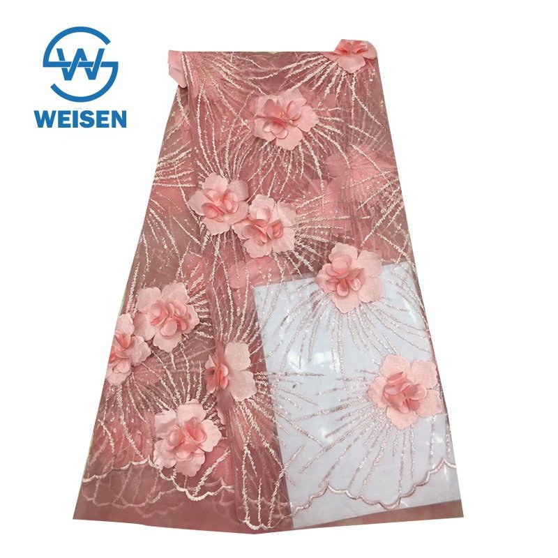 Bridal Flower Applique Floral Polyester Mesh Embroidery Sequin Red 3D Lace Fabric