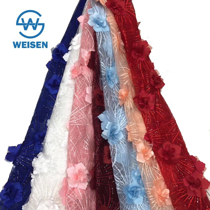 Bridal Flower Applique Floral Polyester Mesh Embroidery Sequin Red 3D Lace Fabric