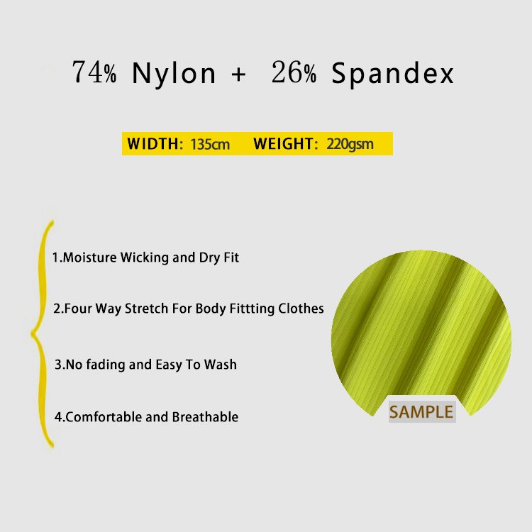 Textured Four Way Stretch Ribbed 74 Polyamide Nylon 26 Spandex 220gsm Rib Fabric For Yoga Swimwear Sportswear Activewear