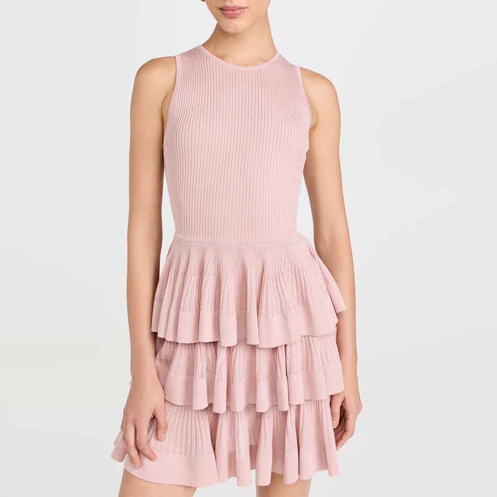 Knitwear Manufacturer Custom Spring Summer Autumn Winter Casual Sleeveless Round Neck Skater Ruffled Knit Mini Dress
