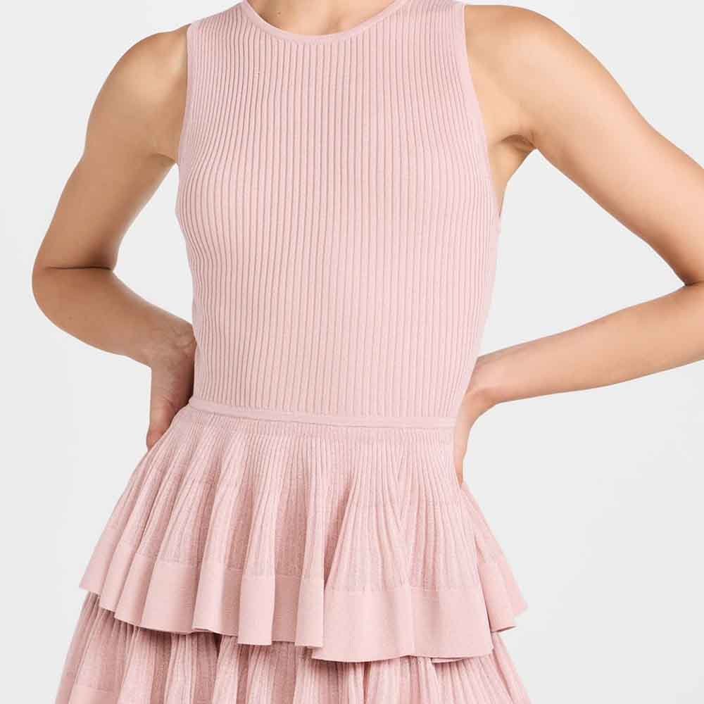 Knitwear Manufacturer Custom Spring Summer Autumn Winter Casual Sleeveless Round Neck Skater Ruffled Knit Mini Dress