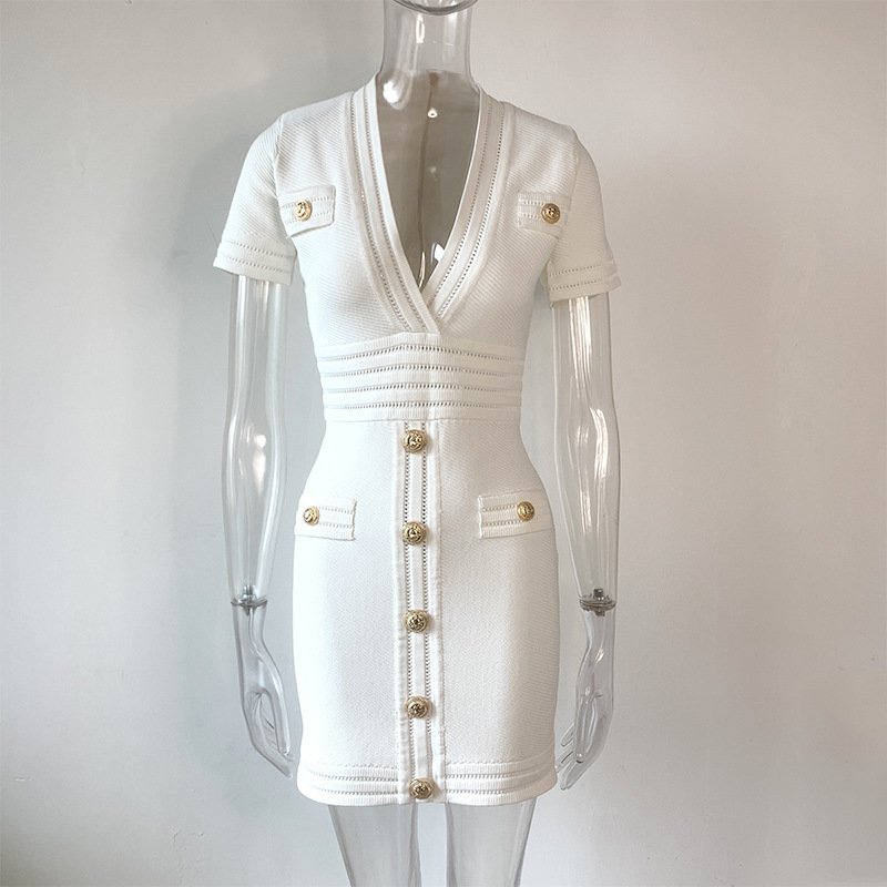 2024 New Clothes For Women Ribbed Short Sleeve V-Neck Dress Sexy Hip-hugging Knit Dress