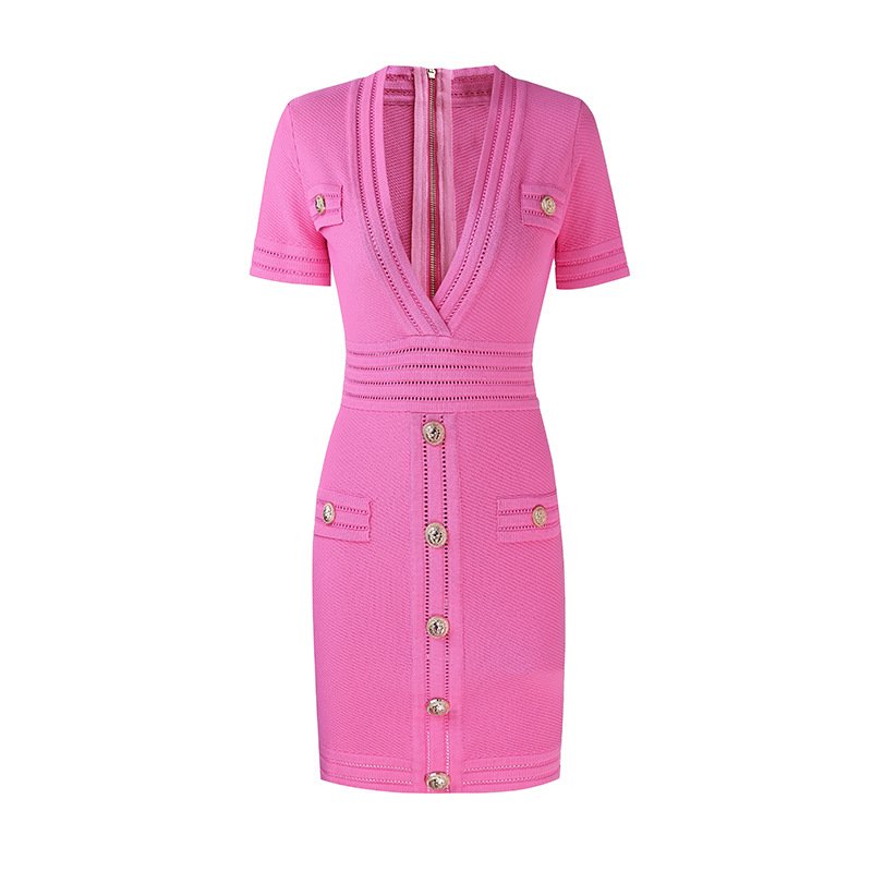2024 New Clothes For Women Ribbed Short Sleeve V-Neck Dress Sexy Hip-hugging Knit Dress