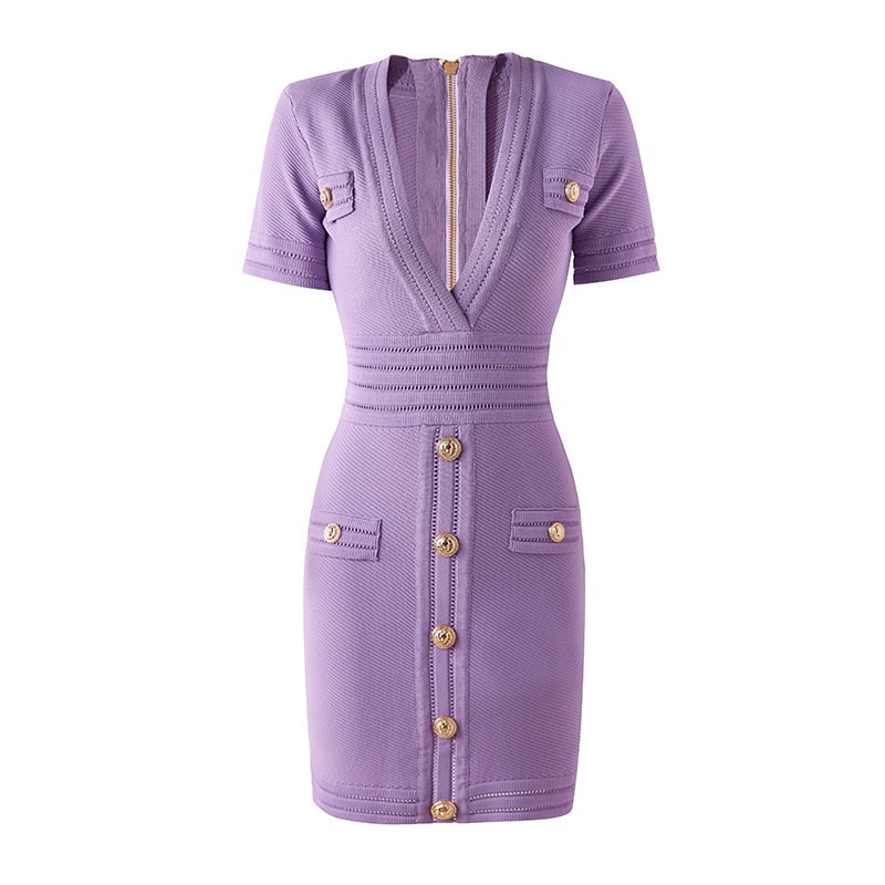 2024 New Clothes For Women Ribbed Short Sleeve V-Neck Dress Sexy Hip-hugging Knit Dress