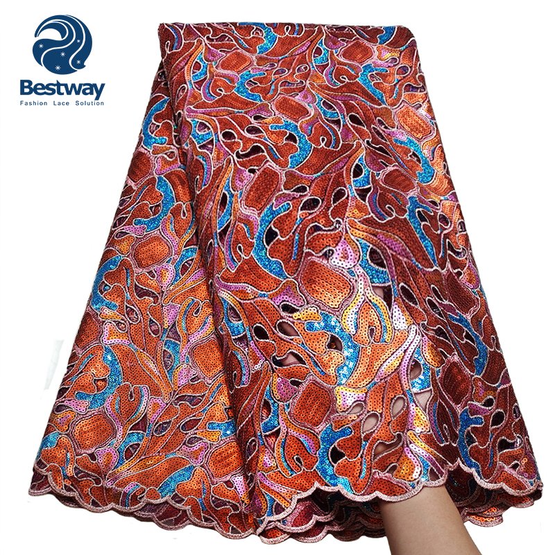Elegant Hand Cut Sequins Lace African Embroidery Fabric For Wedding