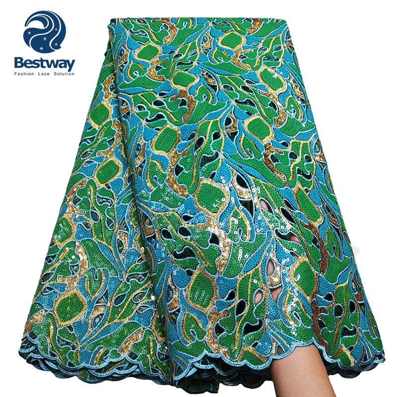 Elegant Hand Cut Sequins Lace African Embroidery Fabric For Wedding