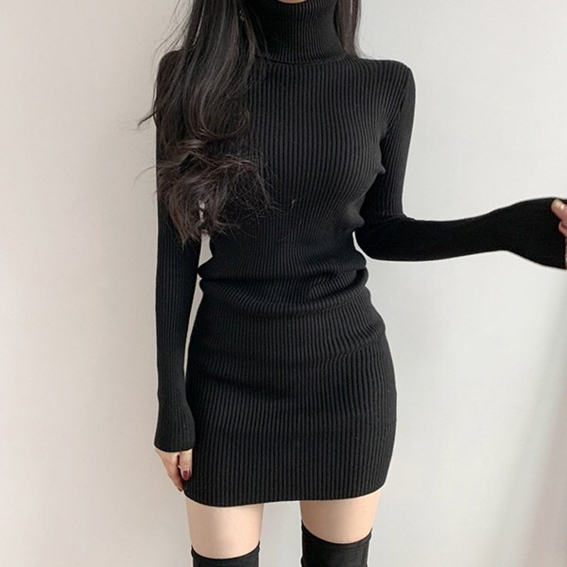 New fashion elegant turtle neck solid ladies rib winter autumn sweater dresses