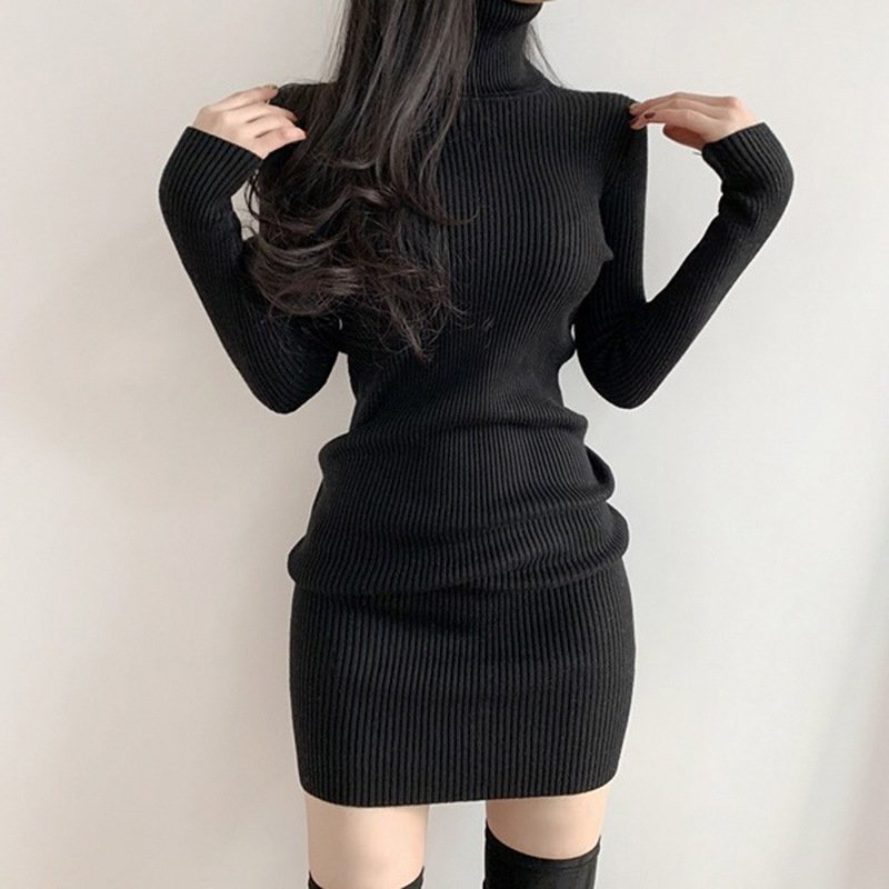 New fashion elegant turtle neck solid ladies rib winter autumn sweater dresses