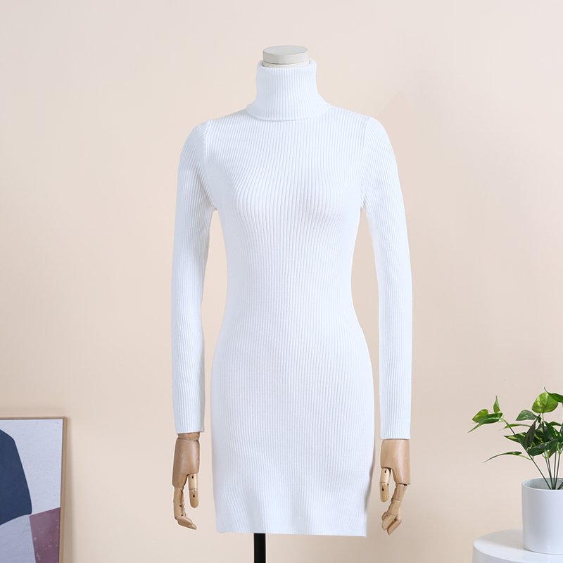 New fashion elegant turtle neck solid ladies rib winter autumn sweater dresses