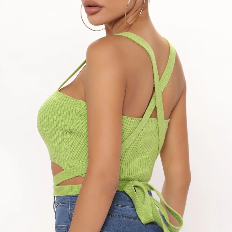 Square Neck Self Tie Straps Cropped Rib Knit Top knit sweater vest custom sweater wholesale price sweater designs for women