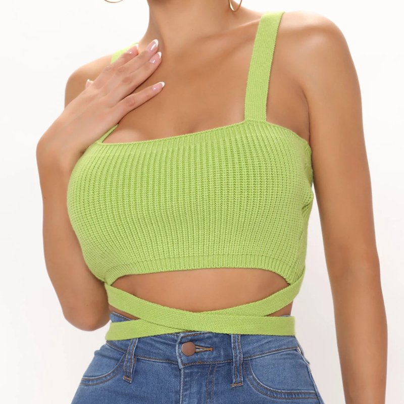 Square Neck Self Tie Straps Cropped Rib Knit Top knit sweater vest custom sweater wholesale price sweater designs for women
