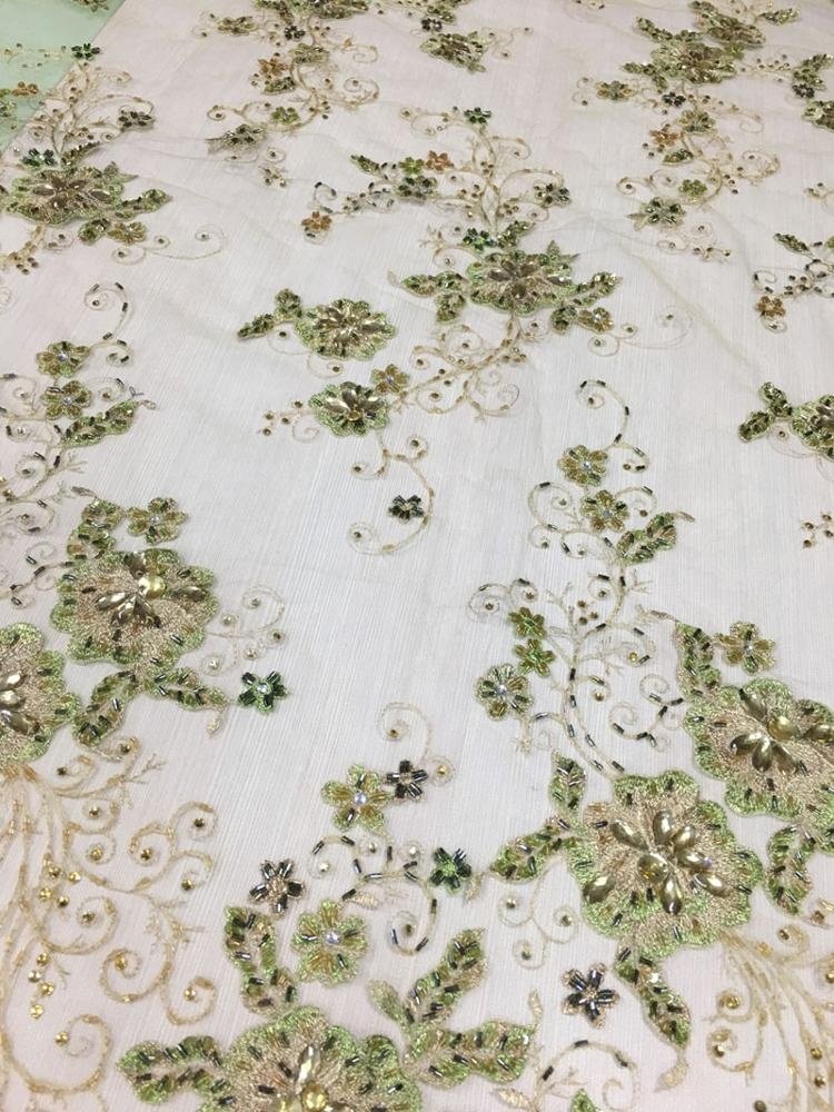elegant green embroidered beaded lace fabric high quality hand crystal beaded lace with rhinestones evening dress fabrics