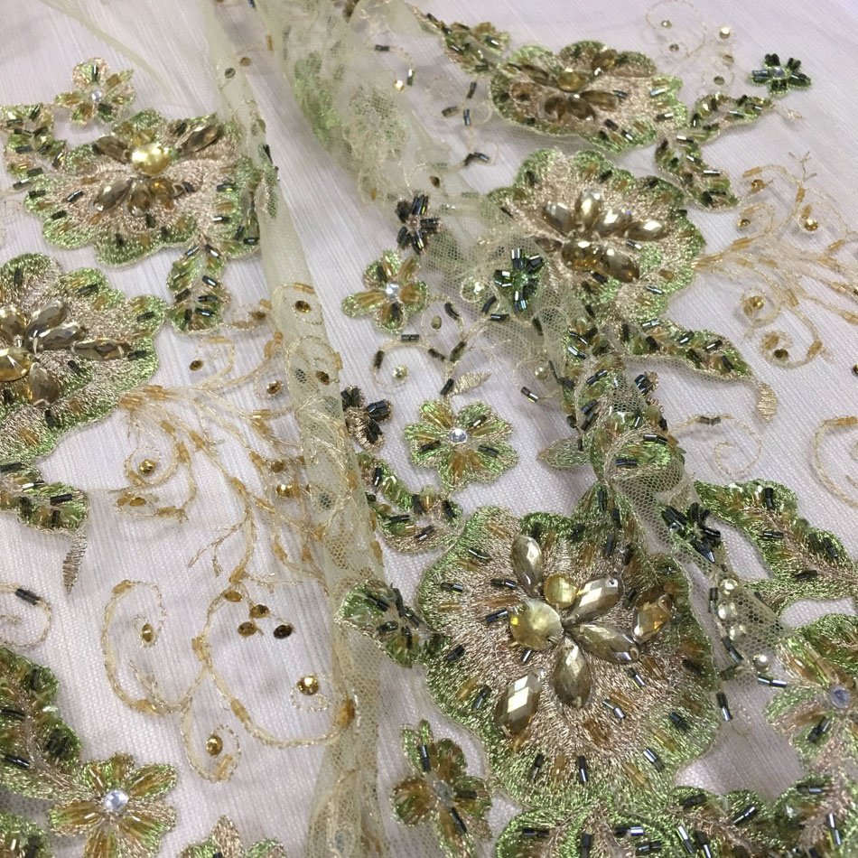 elegant green embroidered beaded lace fabric high quality hand crystal beaded lace with rhinestones evening dress fabrics