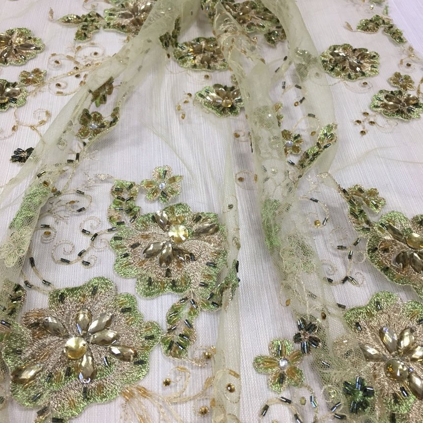 elegant green embroidered beaded lace fabric high quality hand crystal beaded lace with rhinestones evening dress fabrics