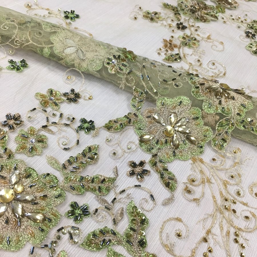 elegant green embroidered beaded lace fabric high quality hand crystal beaded lace with rhinestones evening dress fabrics