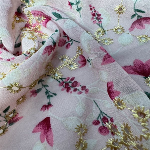 100% Polyester Custom Digital Printing Floral Design White Chiffon Flat Embroidery Fabric By rolls For Women