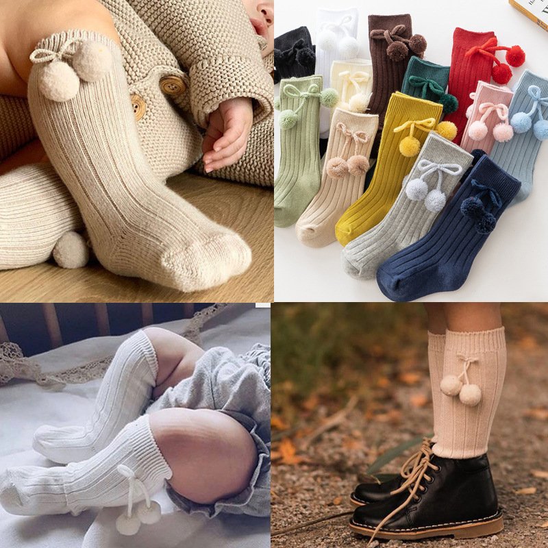 12 Solid Colors Spanish Style Baby Girls Rib Knitted Double Balls Knee High Socks Toddler Pom Pom Ball Socks For 0-4 Years Kids