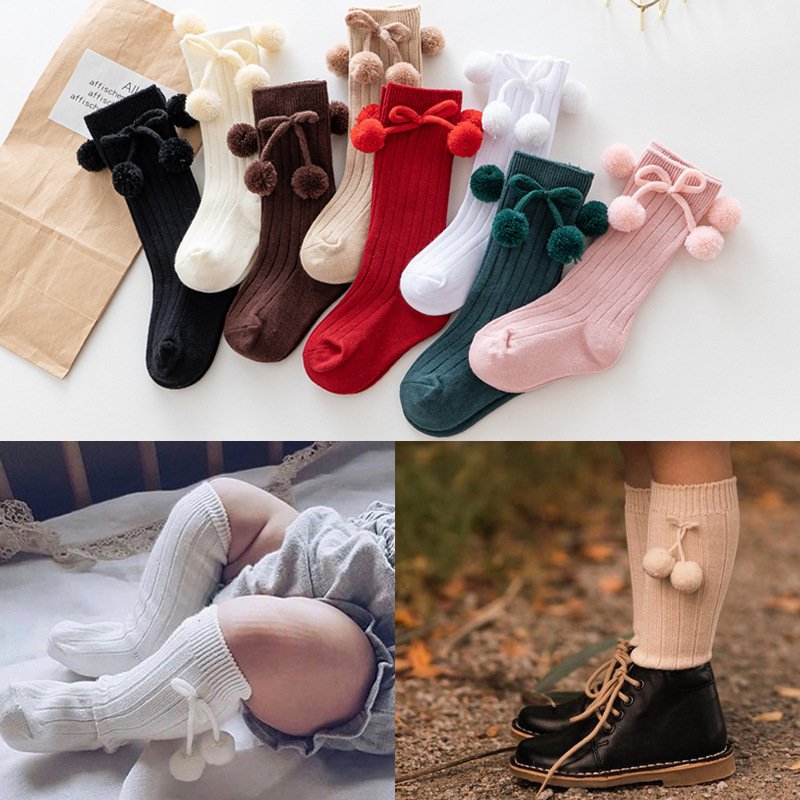 12 Solid Colors Spanish Style Baby Girls Rib Knitted Double Balls Knee High Socks Toddler Pom Pom Ball Socks For 0-4 Years Kids