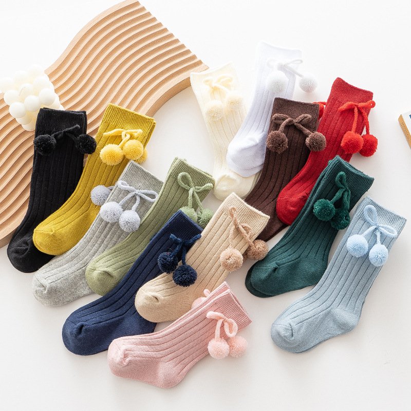 12 Solid Colors Spanish Style Baby Girls Rib Knitted Double Balls Knee High Socks Toddler Pom Pom Ball Socks For 0-4 Years Kids