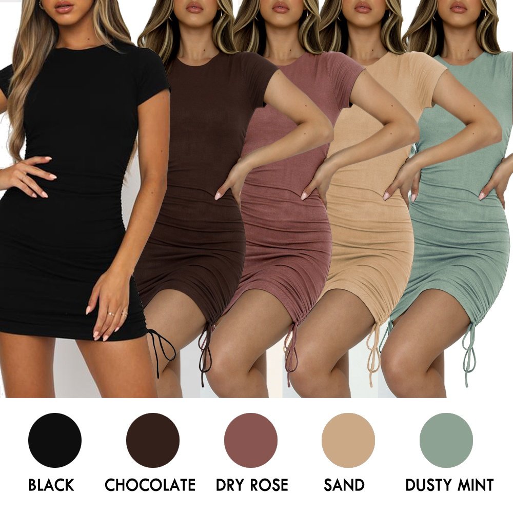 Ruched Ribbed Bodycon Mini Dress Side Drawstring Clubwear Casual Dresses Women's Short Sleeve Jumpsuits, Playsuits & Bodysuits