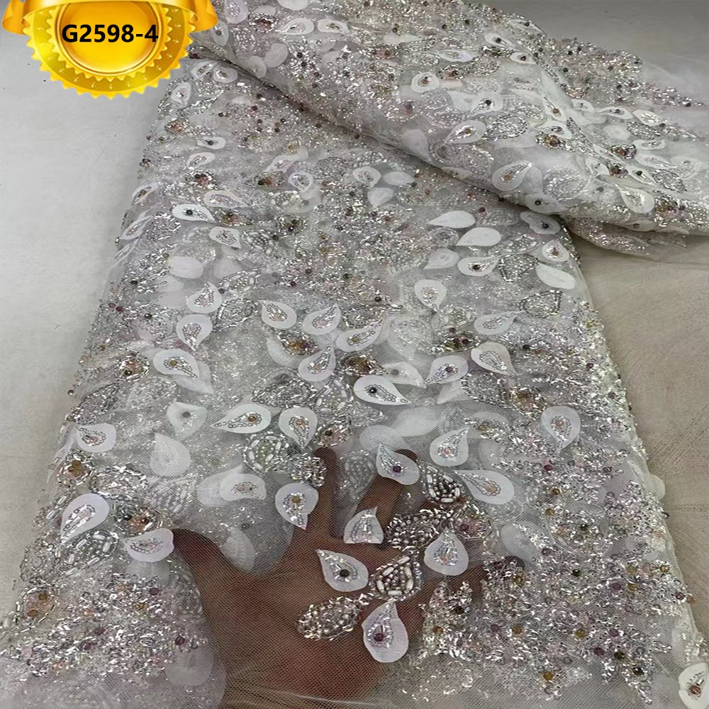 2024 African Beaded Lace Fabrics For Women Applique Fabric Embroidery Sequins Lace Fabric For Dress Wedding