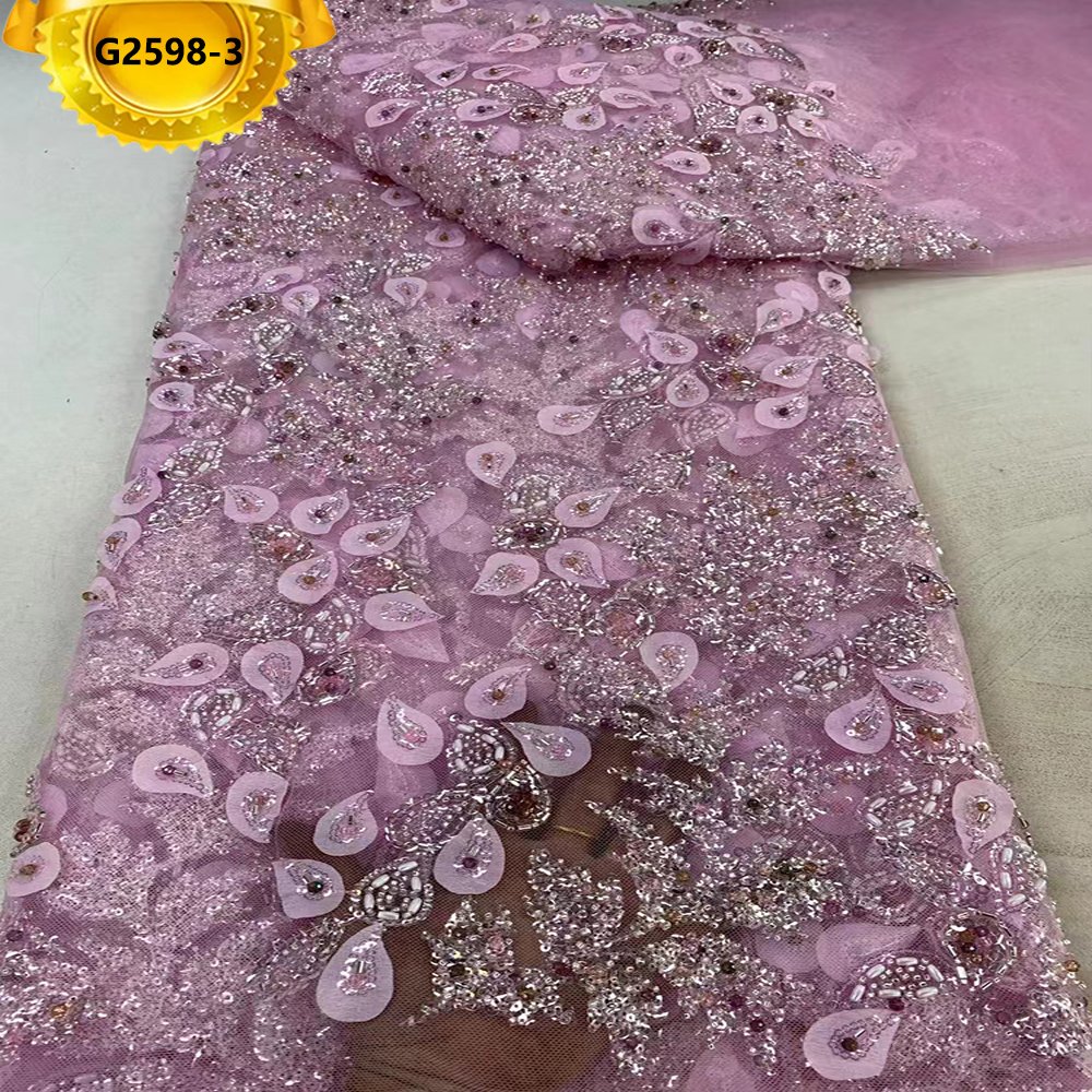 2024 African Beaded Lace Fabrics For Women Applique Fabric Embroidery Sequins Lace Fabric For Dress Wedding