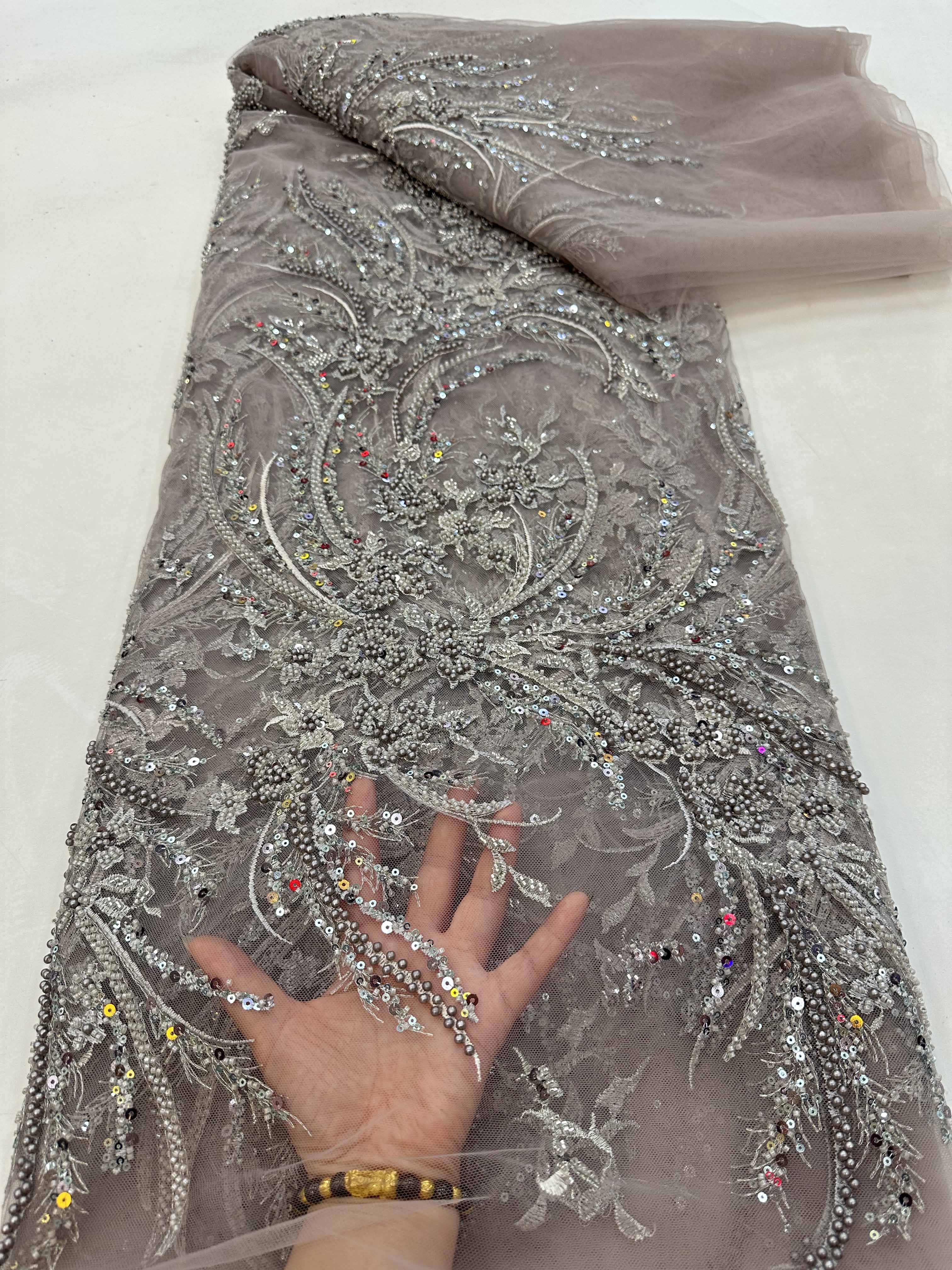 Pale blue heavy bead tulle lace fabric
