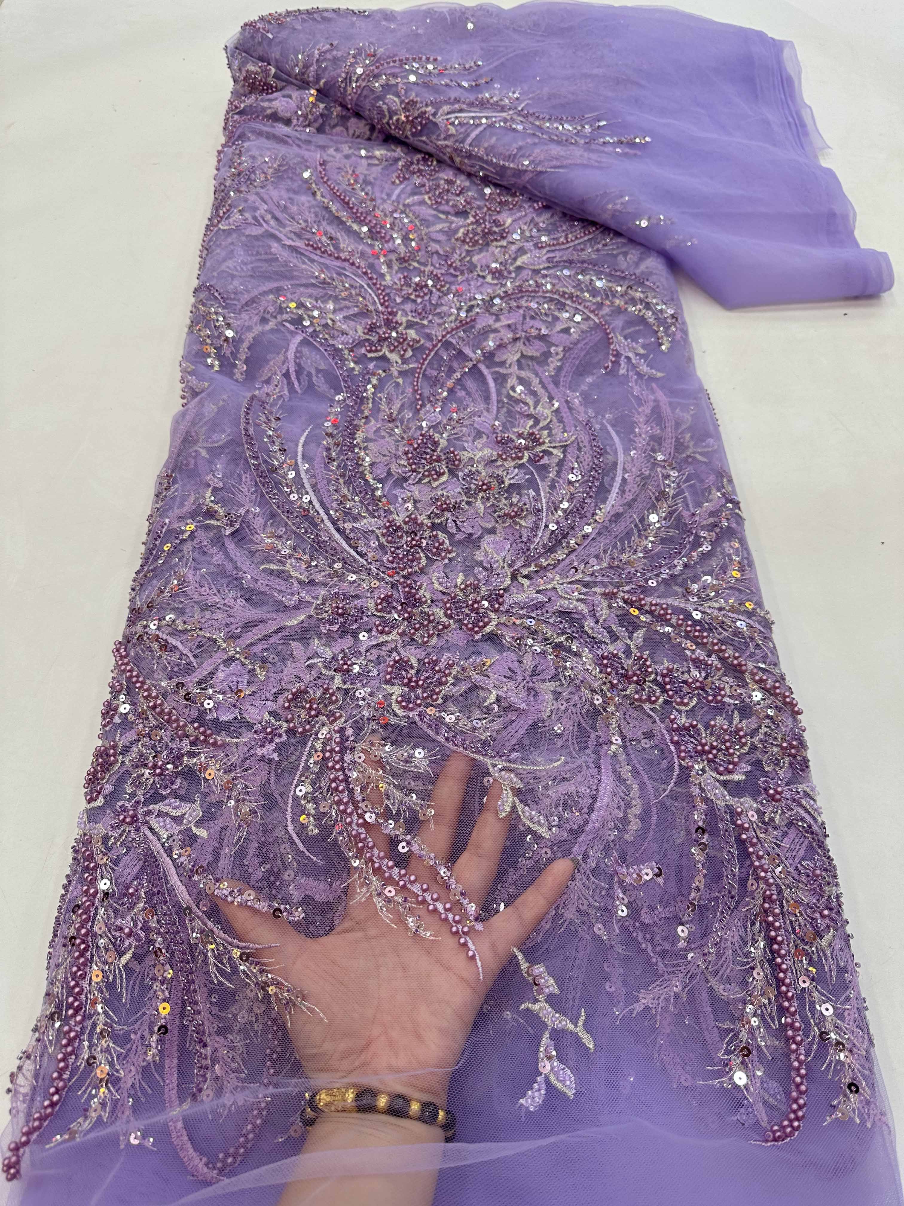 Pale blue heavy bead tulle lace fabric