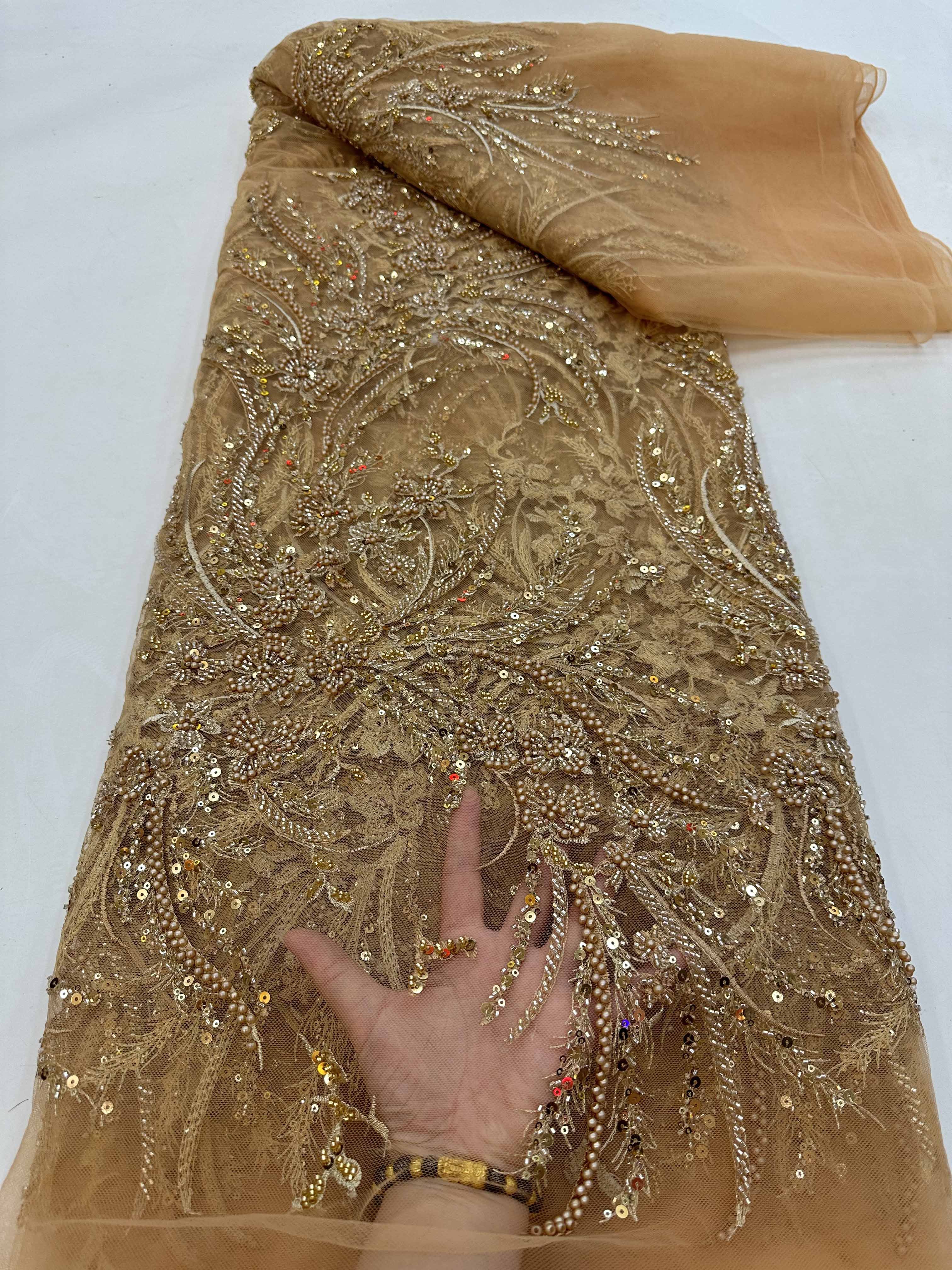 Pale blue heavy bead tulle lace fabric