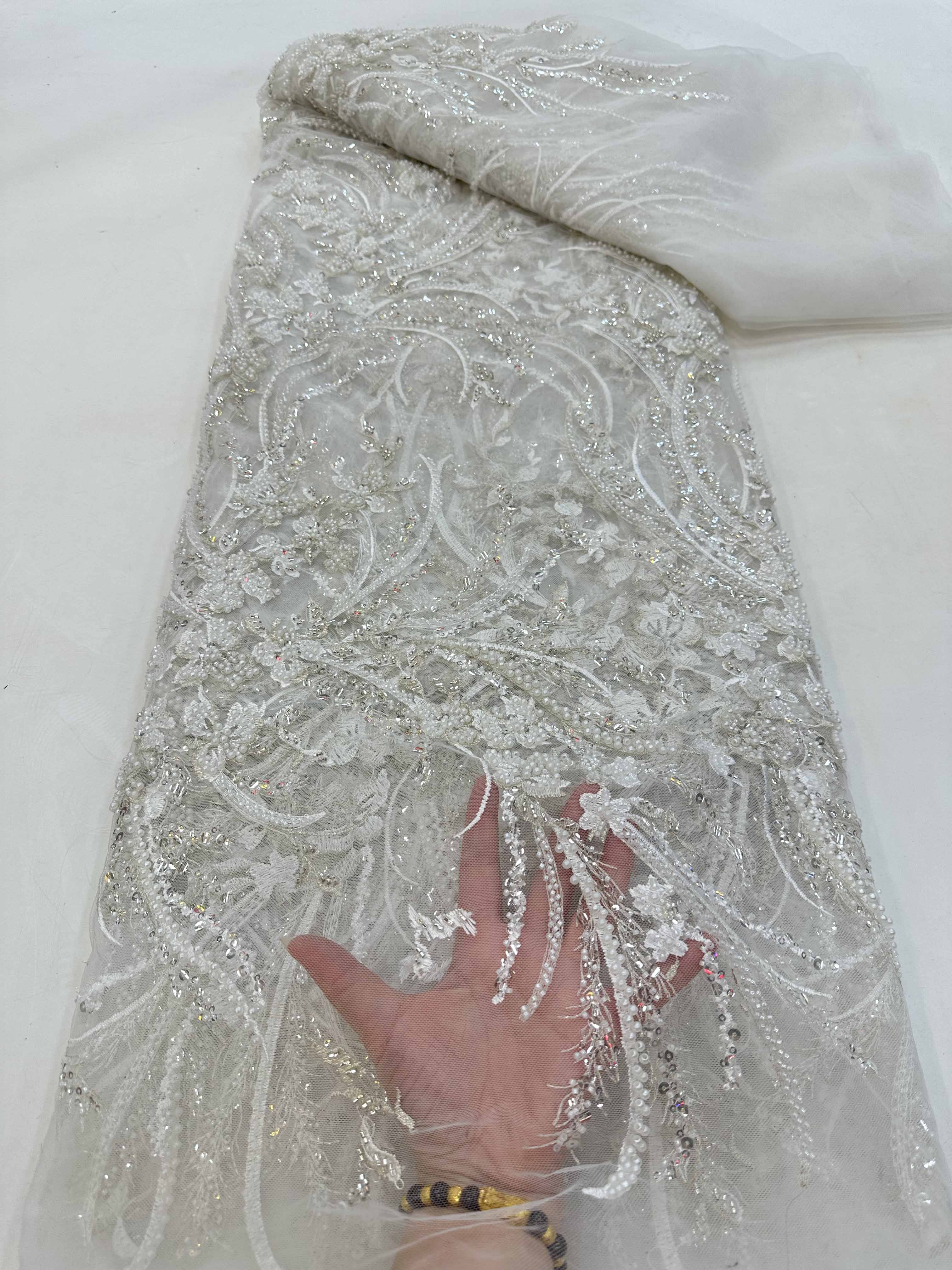 Pale blue heavy bead tulle lace fabric