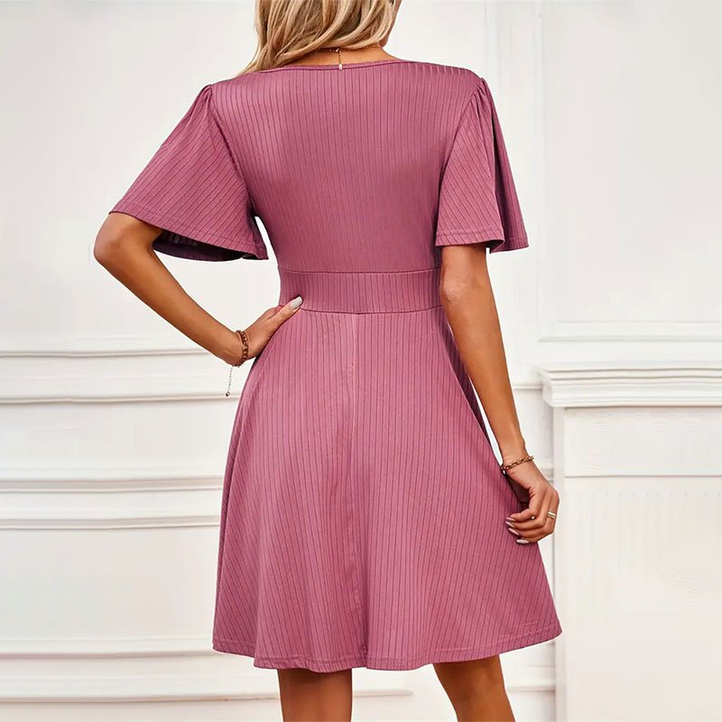 Women Clothes Ribbed Surplice V-Neck A-line Chiffon Wedding Party Dress Elegant Short Sleeve Midi Dress