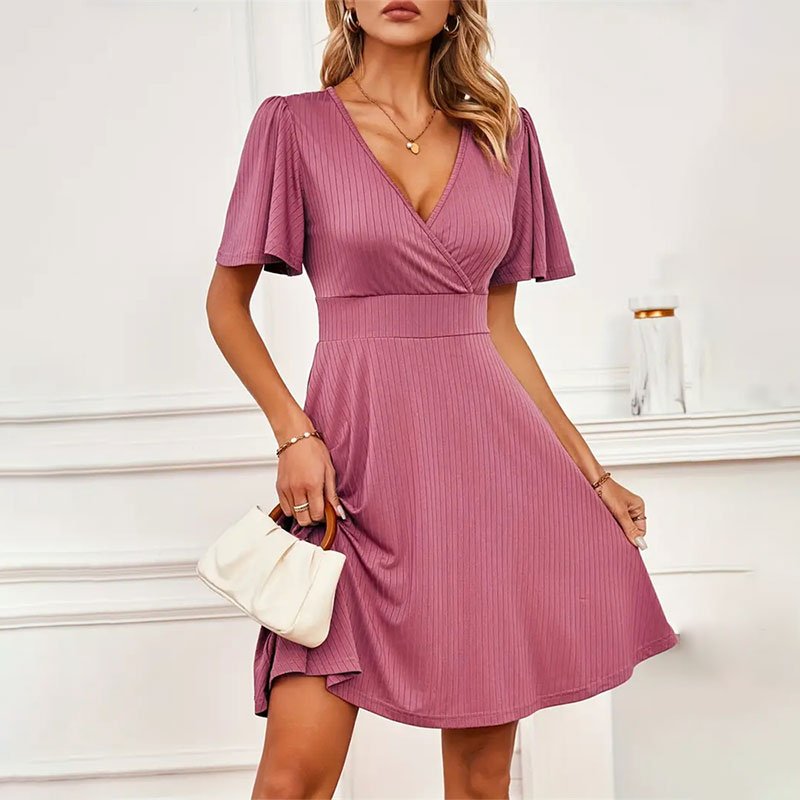 Women Clothes Ribbed Surplice V-Neck A-line Chiffon Wedding Party Dress Elegant Short Sleeve Midi Dress