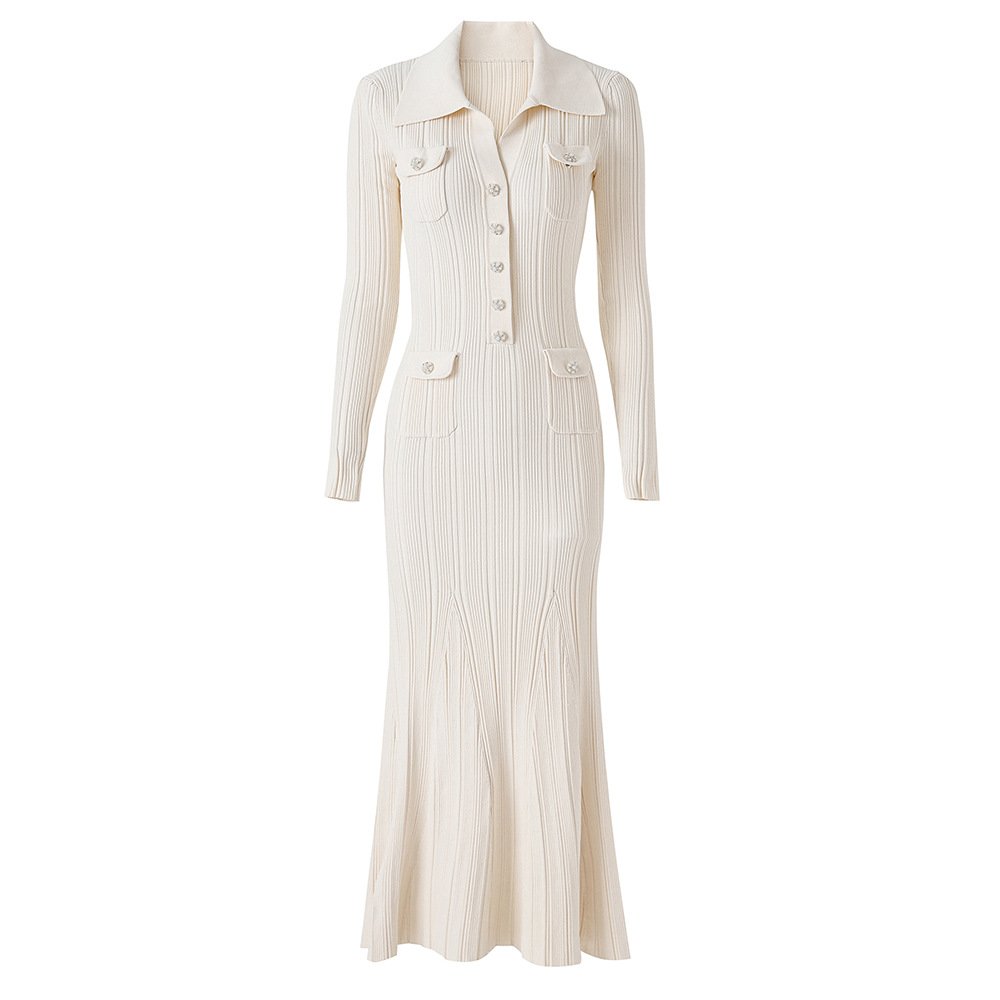 2023 autumn and winter new niche ivory white fish tail long skirt elegant ribbed slim fit long sleeved knitted dress for women