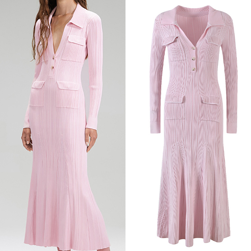 2023 autumn and winter new niche ivory white fish tail long skirt elegant ribbed slim fit long sleeved knitted dress for women