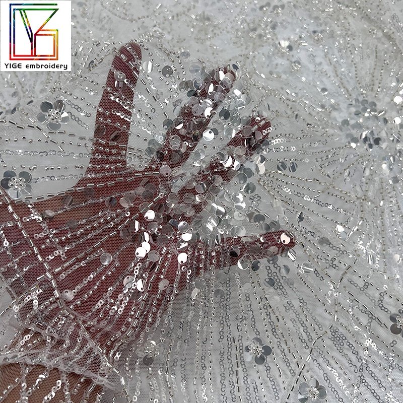 New french white bridal Crystal sequin fabric luxury Tulle embroidery high quality women Wedding dress heavy beaded lace fabric