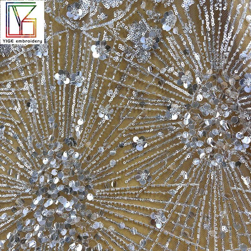 New french white bridal Crystal sequin fabric luxury Tulle embroidery high quality women Wedding dress heavy beaded lace fabric