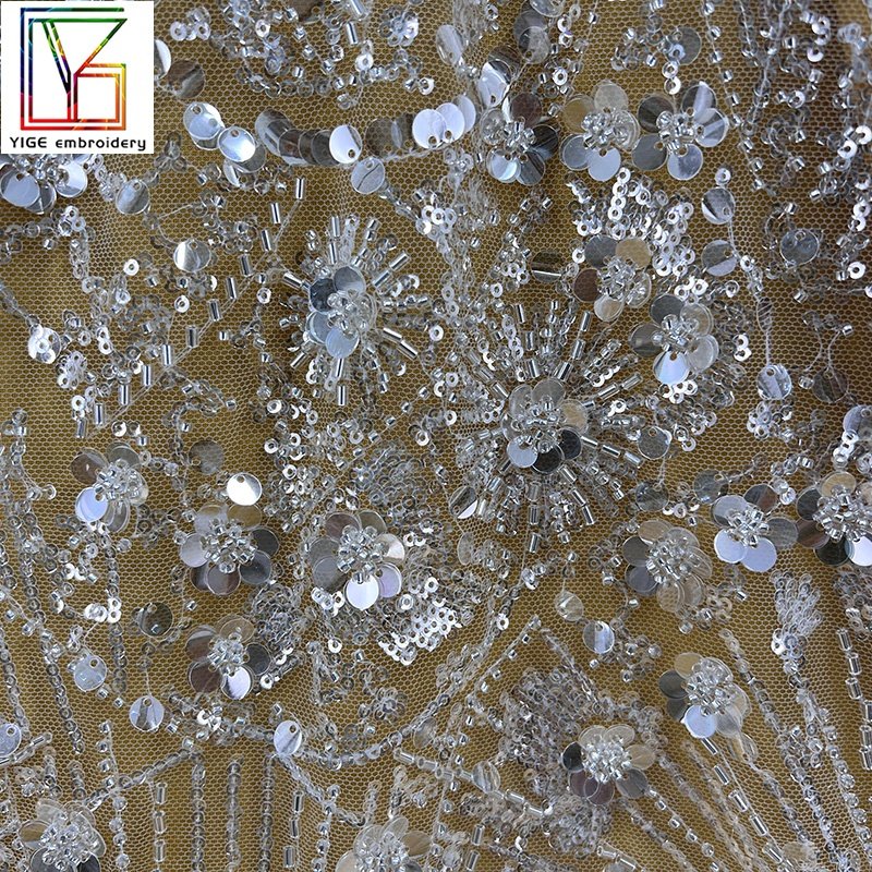 New french white bridal Crystal sequin fabric luxury Tulle embroidery high quality women Wedding dress heavy beaded lace fabric