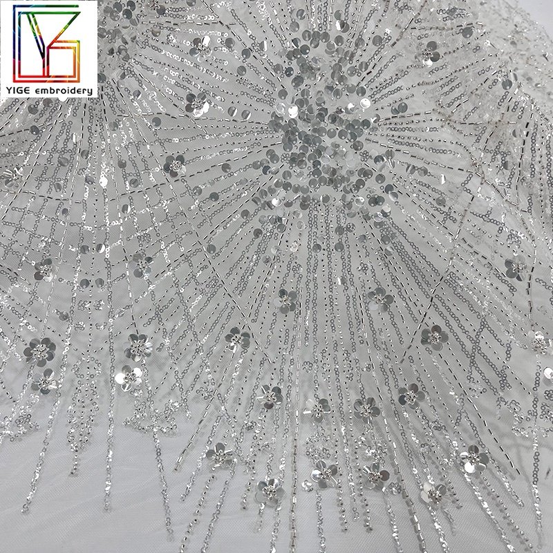 New french white bridal Crystal sequin fabric luxury Tulle embroidery high quality women Wedding dress heavy beaded lace fabric