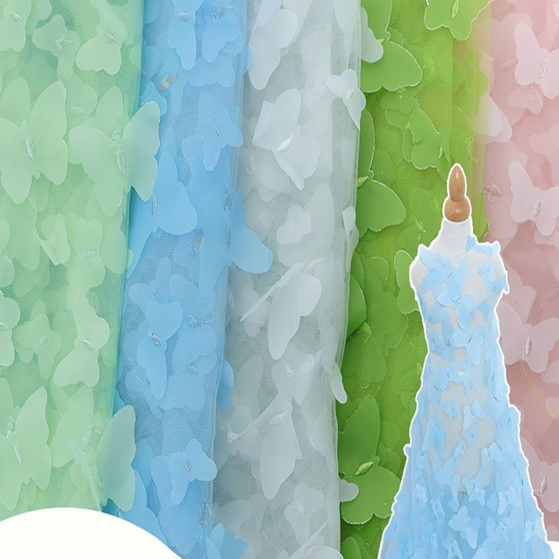 Bordado em 3d New design gradient row applique sheer 3D solid color butterfly mesh laser embroidery lace tulle fabric