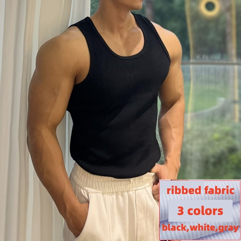 hot sale summer breathable solid absorbent ribbed stretchy casual tank top men gym sleeveless t shirt