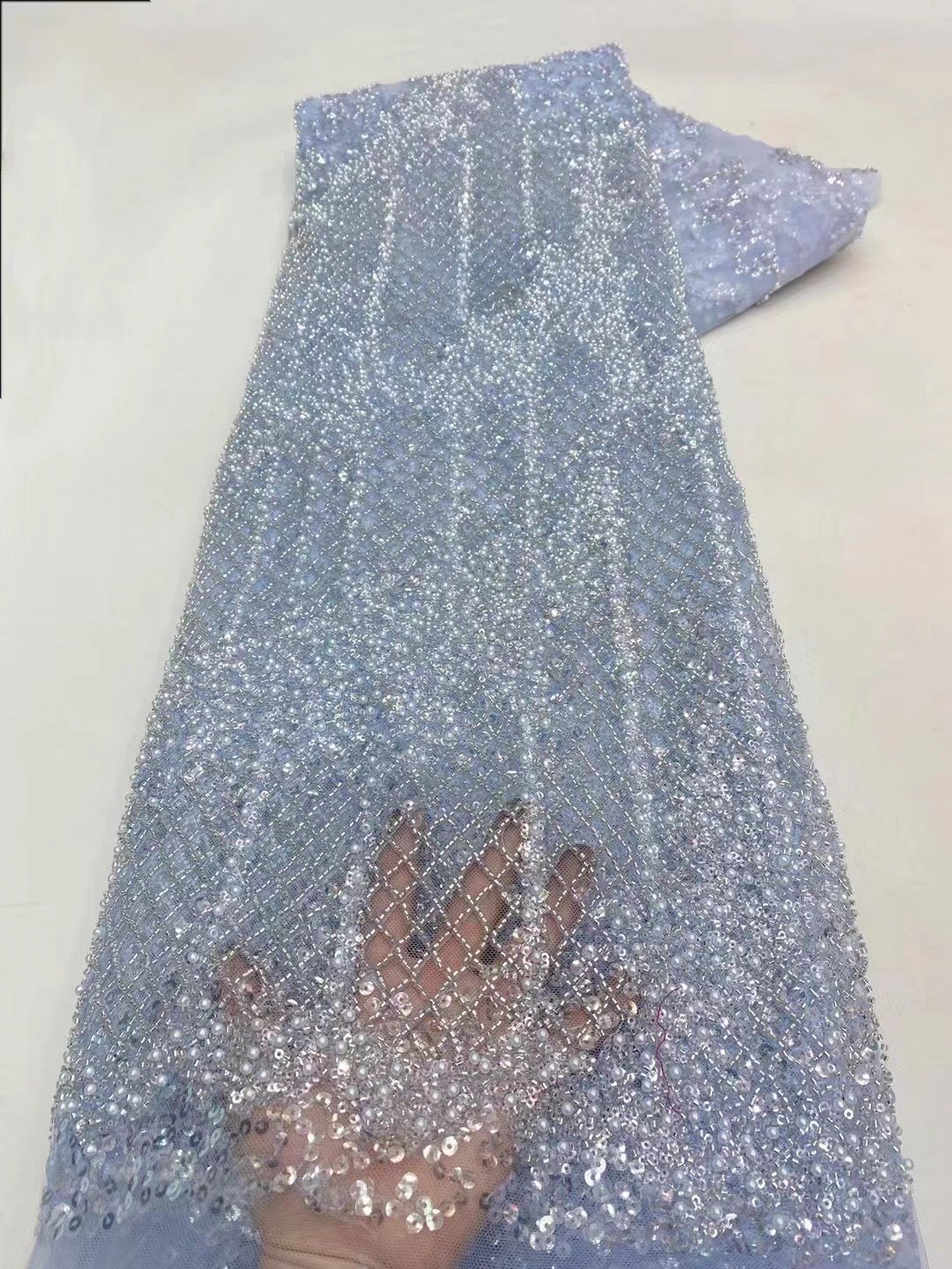 NI.AI French Beaded Lace Fabric White for Wedding Dresses Luxury Handmade Beads Lace with Pearls Bridal African Sequined Tulle