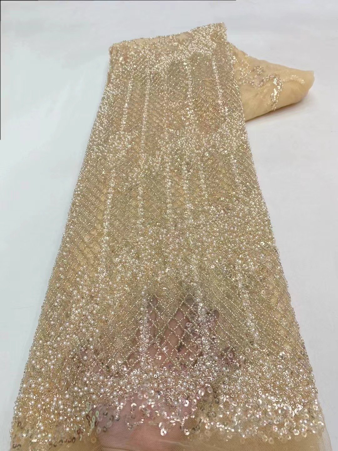 NI.AI French Beaded Lace Fabric White for Wedding Dresses Luxury Handmade Beads Lace with Pearls Bridal African Sequined Tulle