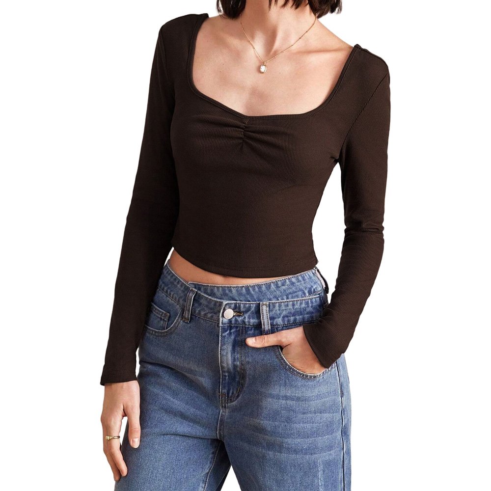 Women's Long Sleeve Tops Ribbed Slim Square Neck Backless Long Sleeve Stretch Peplum Bottom Shirt Long Sleeve T Shirt
